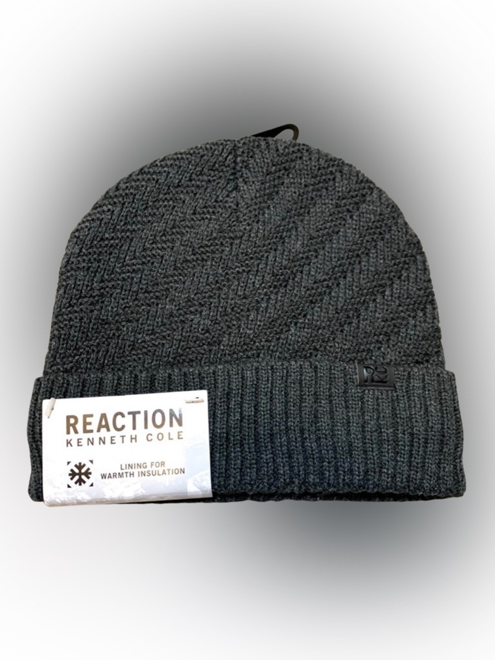 NWT Kenneth Cole Reaction Charcoal Lined Herringbone Knit Beanie Unisex